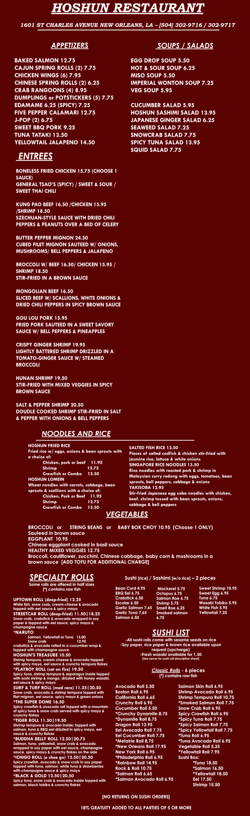 Hoshun Restaurant 2022 Menu